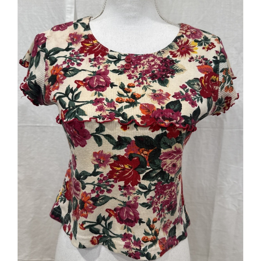 VTG 1990s Womens Floral Top TV Show Blossom Sz Sm Ruffled Ribbed Knit Cottage